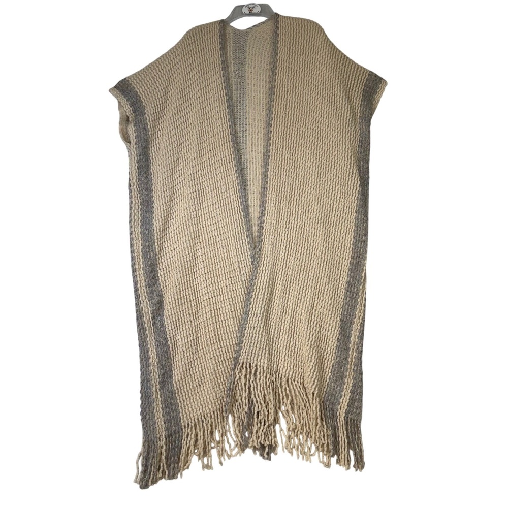 Long Fringe Duster Cardigan Vest Sleeveless Open Front Knit Sweater Beige Gray‎